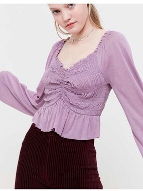 Urban Outfitters Mauve Ruched Long-Sleeve Crop Top